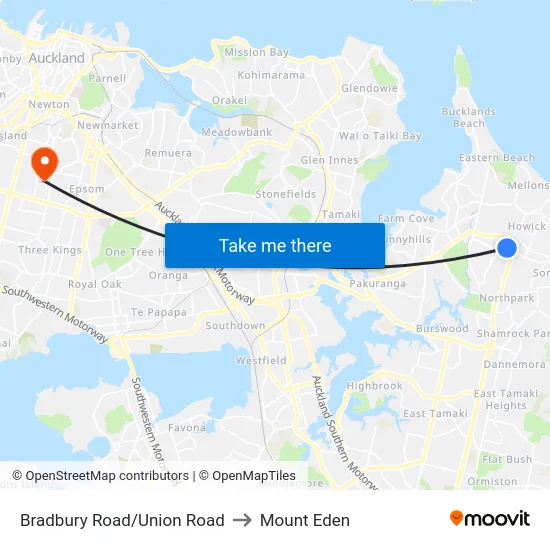 Bradbury Road/Union Road to Mount Eden map