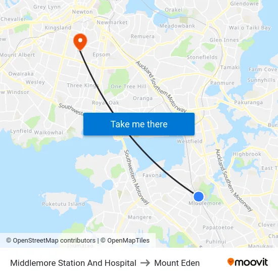 Middlemore Station And Hospital to Mount Eden map