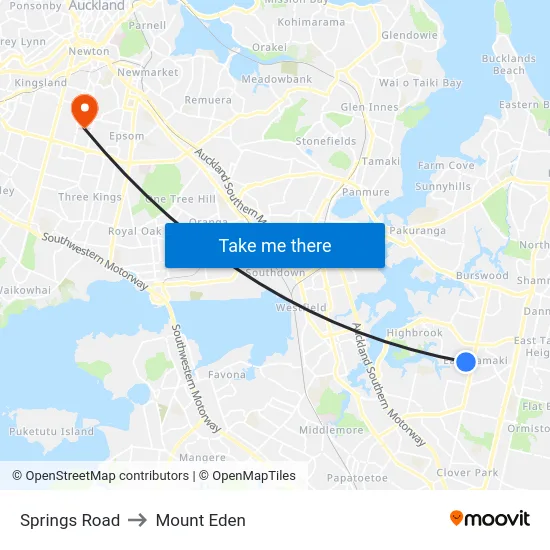 Springs Road to Mount Eden map