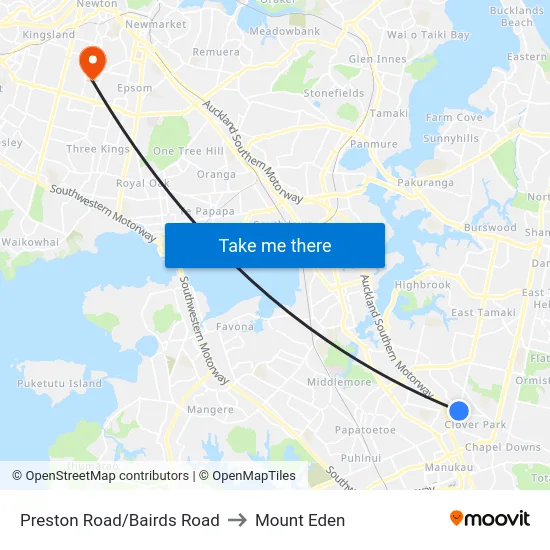 Preston Road/Bairds Road to Mount Eden map
