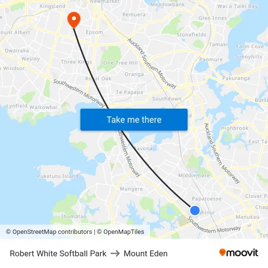 Robert White Softball Park to Mount Eden map