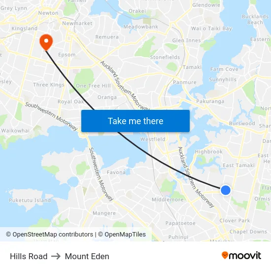 Hills Road to Mount Eden map