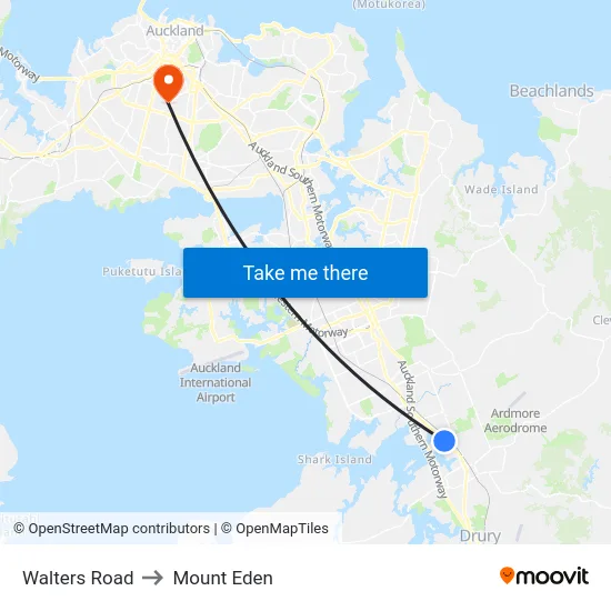 Walters Road to Mount Eden map