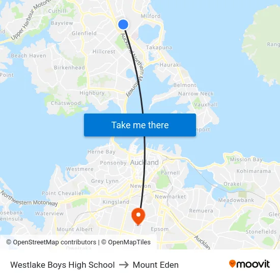 Westlake Boys High School to Mount Eden map