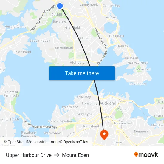 Upper Harbour Drive to Mount Eden map