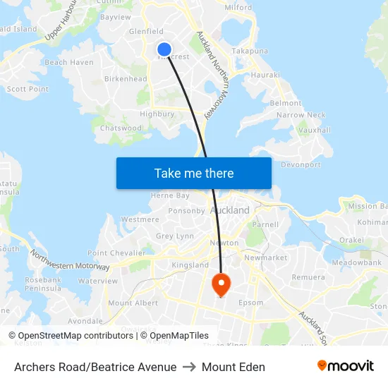 Archers Road/Beatrice Avenue to Mount Eden map