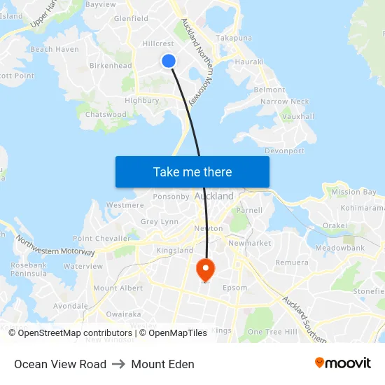 Ocean View Road to Mount Eden map