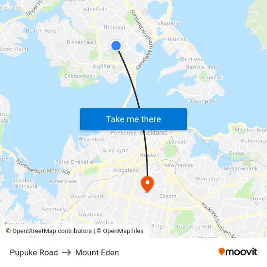 Pupuke Road to Mount Eden map