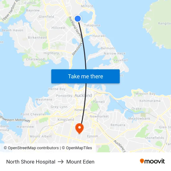 North Shore Hospital to Mount Eden map