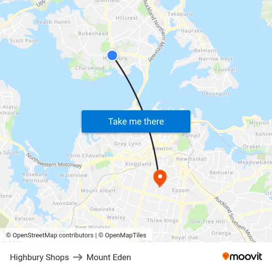 Highbury Shops to Mount Eden map