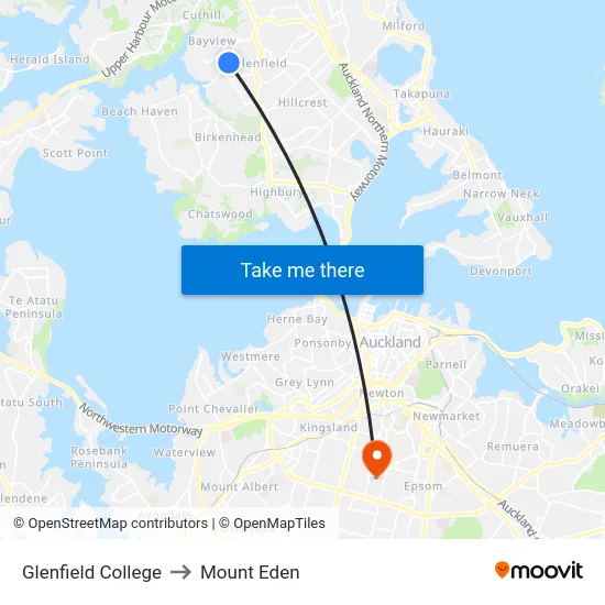 Glenfield College to Mount Eden map