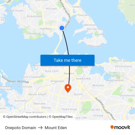 Onepoto Domain to Mount Eden map