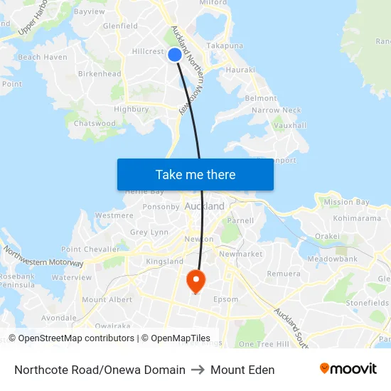 Northcote Road/Onewa Domain to Mount Eden map