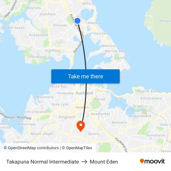 Takapuna Normal Intermediate to Mount Eden map