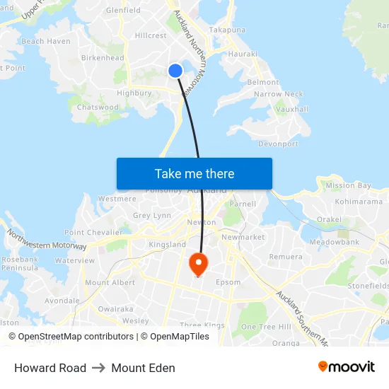 Howard Road to Mount Eden map