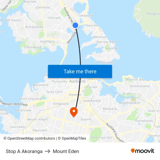 Stop A Akoranga to Mount Eden map