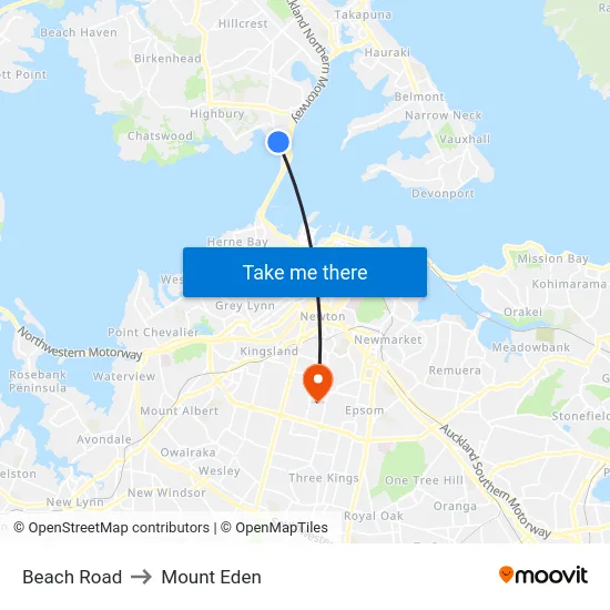 Beach Road to Mount Eden map