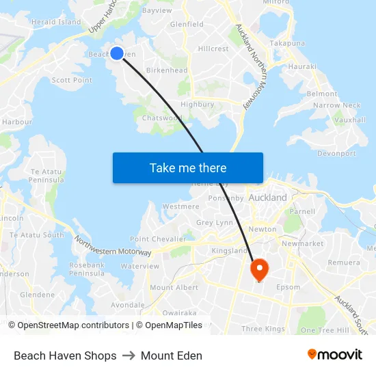 Beach Haven Shops to Mount Eden map