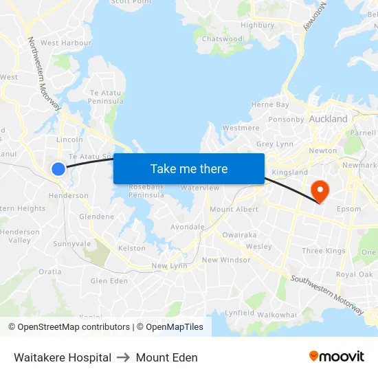 Waitakere Hospital to Mount Eden map