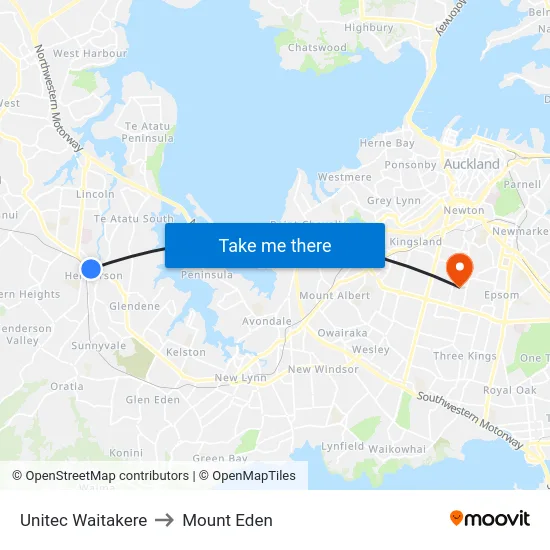 Unitec Waitakere to Mount Eden map