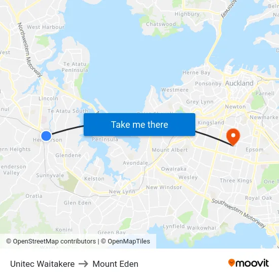 Unitec Waitakere to Mount Eden map