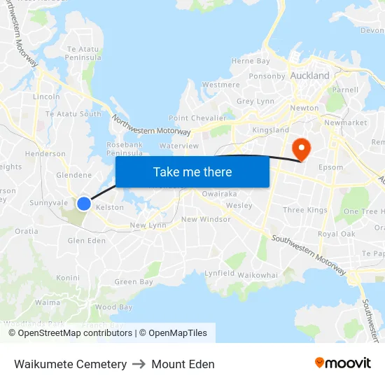 Waikumete Cemetery to Mount Eden map