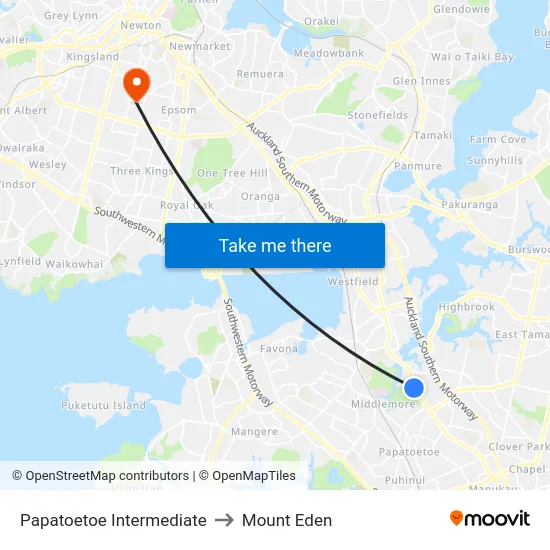 Papatoetoe Intermediate to Mount Eden map