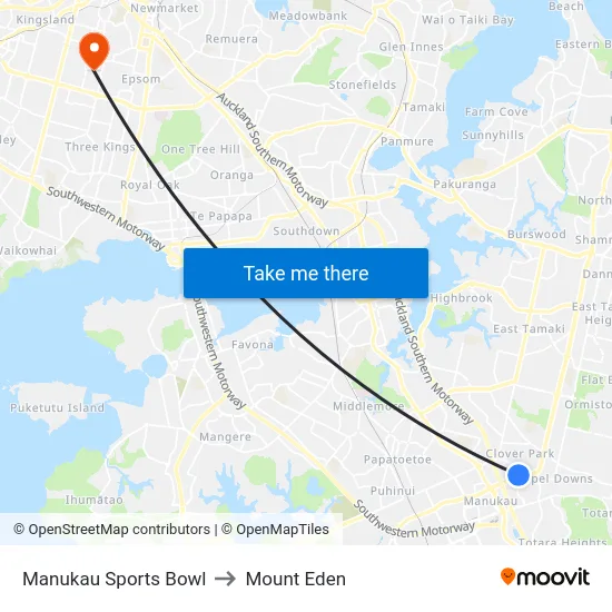 Manukau Sports Bowl to Mount Eden map