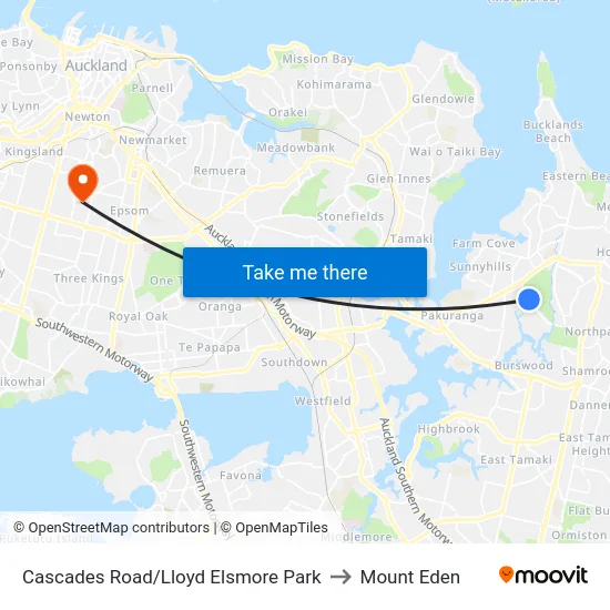 Cascades Road/Lloyd Elsmore Park to Mount Eden map