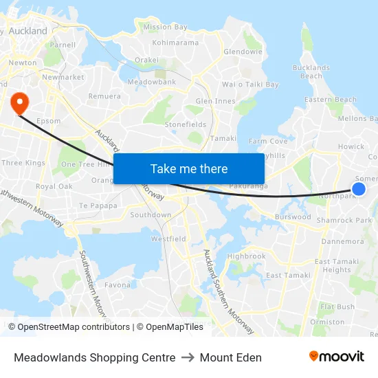Meadowlands Shopping Centre to Mount Eden map