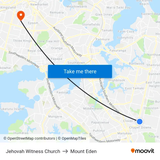 Jehovah Witness Church to Mount Eden map