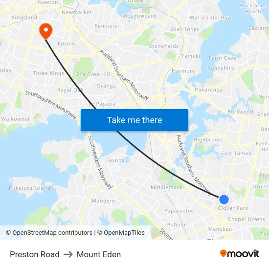 Preston Road to Mount Eden map