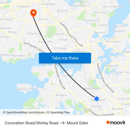 Coronation Road/Shirley Road to Mount Eden map