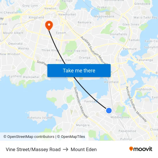 Vine Street/Massey Road to Mount Eden map