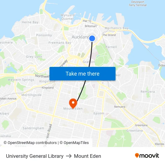 University General Library to Mount Eden map
