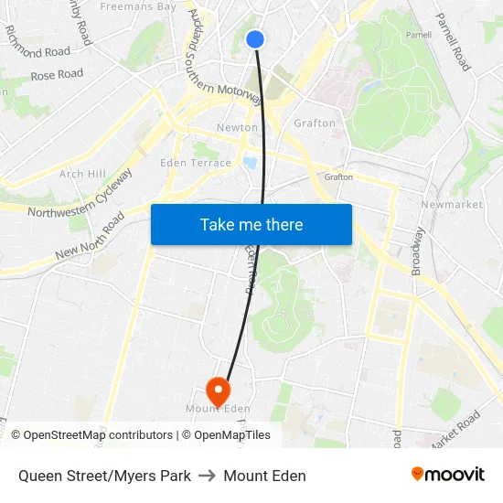 Queen Street/Myers Park to Mount Eden map