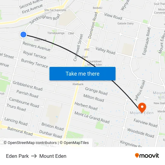 Eden Park to Mount Eden map