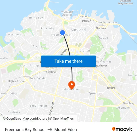 Freemans Bay School to Mount Eden map