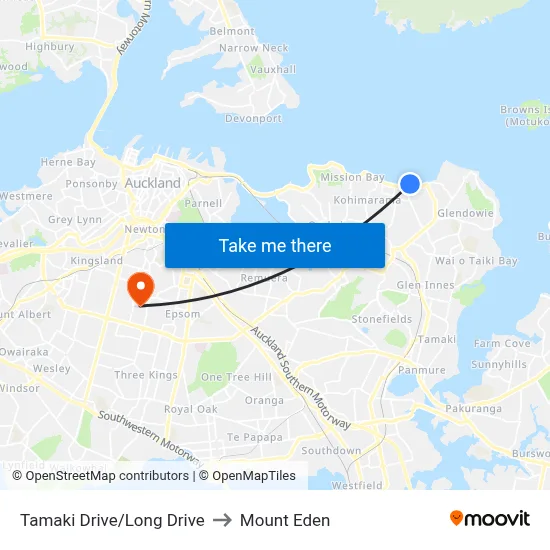 Tamaki Drive/Long Drive to Mount Eden map