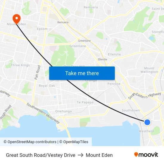 Great South Road/Vestey Drive to Mount Eden map
