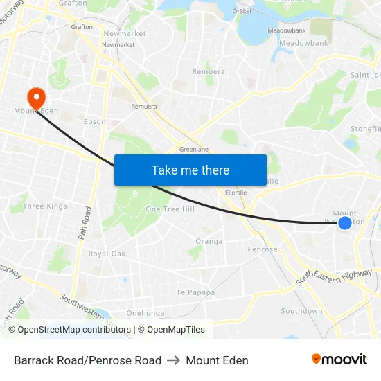 Barrack Road/Penrose Road to Mount Eden map