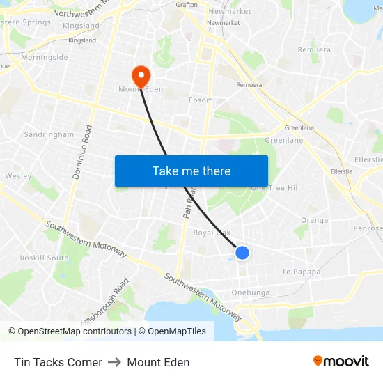 Tin Tacks Corner to Mount Eden map