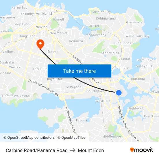 Carbine Road/Panama Road to Mount Eden map
