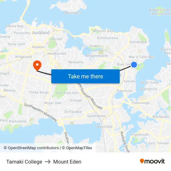 Tamaki College to Mount Eden map