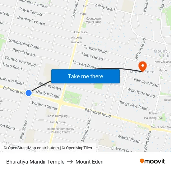 Bharatiya Mandir Temple to Mount Eden map