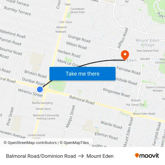 Balmoral Road/Dominion Road to Mount Eden map