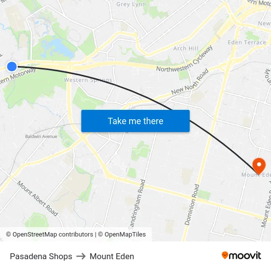 Pasadena Shops to Mount Eden map