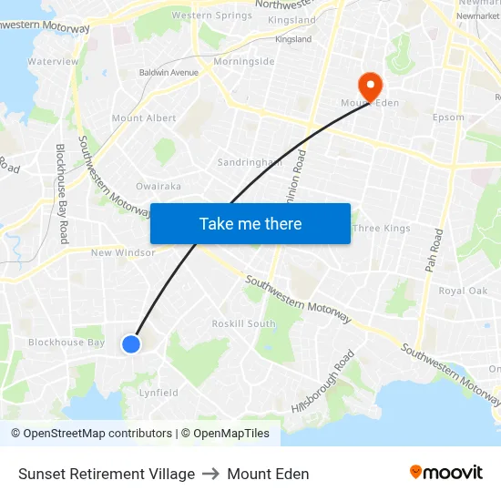 Sunset Retirement Village to Mount Eden map