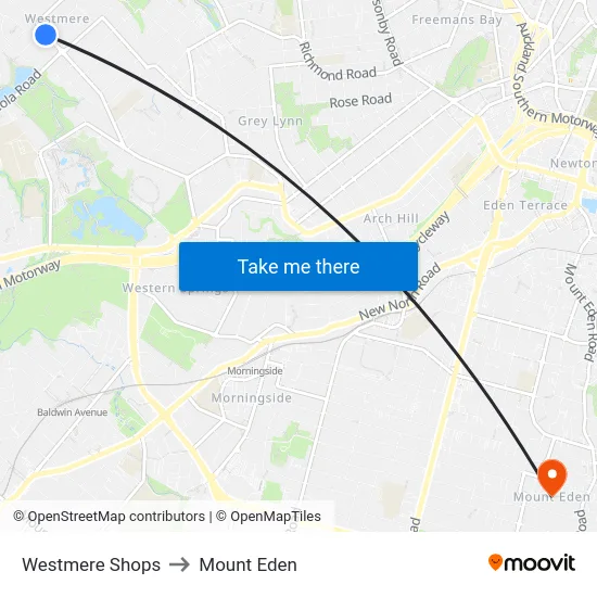 Westmere Shops to Mount Eden map