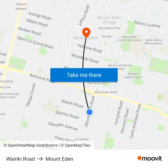 Wairiki Road to Mount Eden map